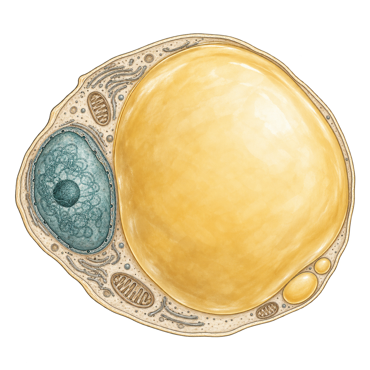 Illustrated white adipocyte in cutaway: a large gold lipid droplet, a teal nucleus at the left edge, and mitochondria and endoplasmic reticulum in the surrounding cytoplasm.